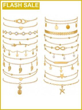 16 Pcs Ankle Bracelets for Women Alloy Plated Layered Chain
